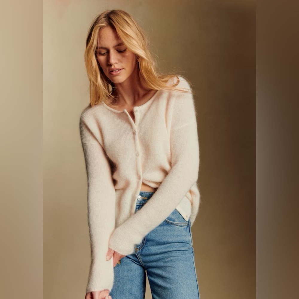 Sezane Soft Pink Fuzzy Button-Front Cardigan